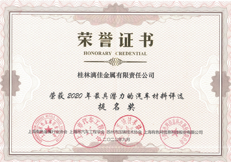 “2020年最具潛力的汽車材料”評(píng)選提名獎(jiǎng)