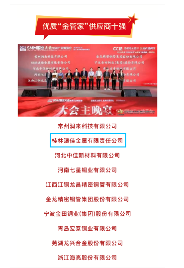 桂林漓佳公司獲2024年度中國(guó)銅行業(yè) 優(yōu)質(zhì)“金管家”供應(yīng)商十強(qiáng) 桂林漓佳公司獲2024年度中國(guó)銅行業(yè) 優(yōu)質(zhì)“金管家”供應(yīng)商十強(qiáng)